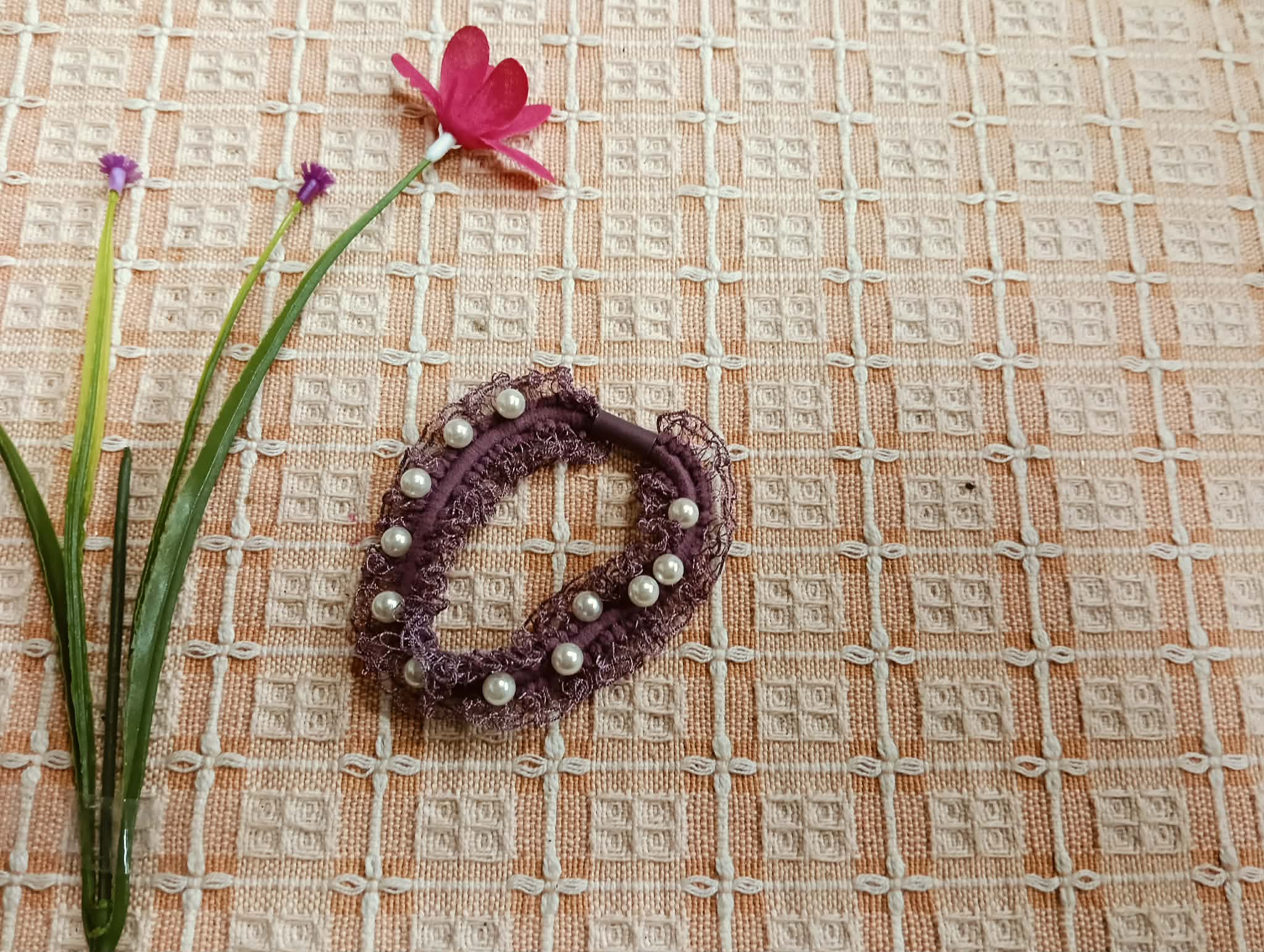 紫蕾絲珍珠髮束