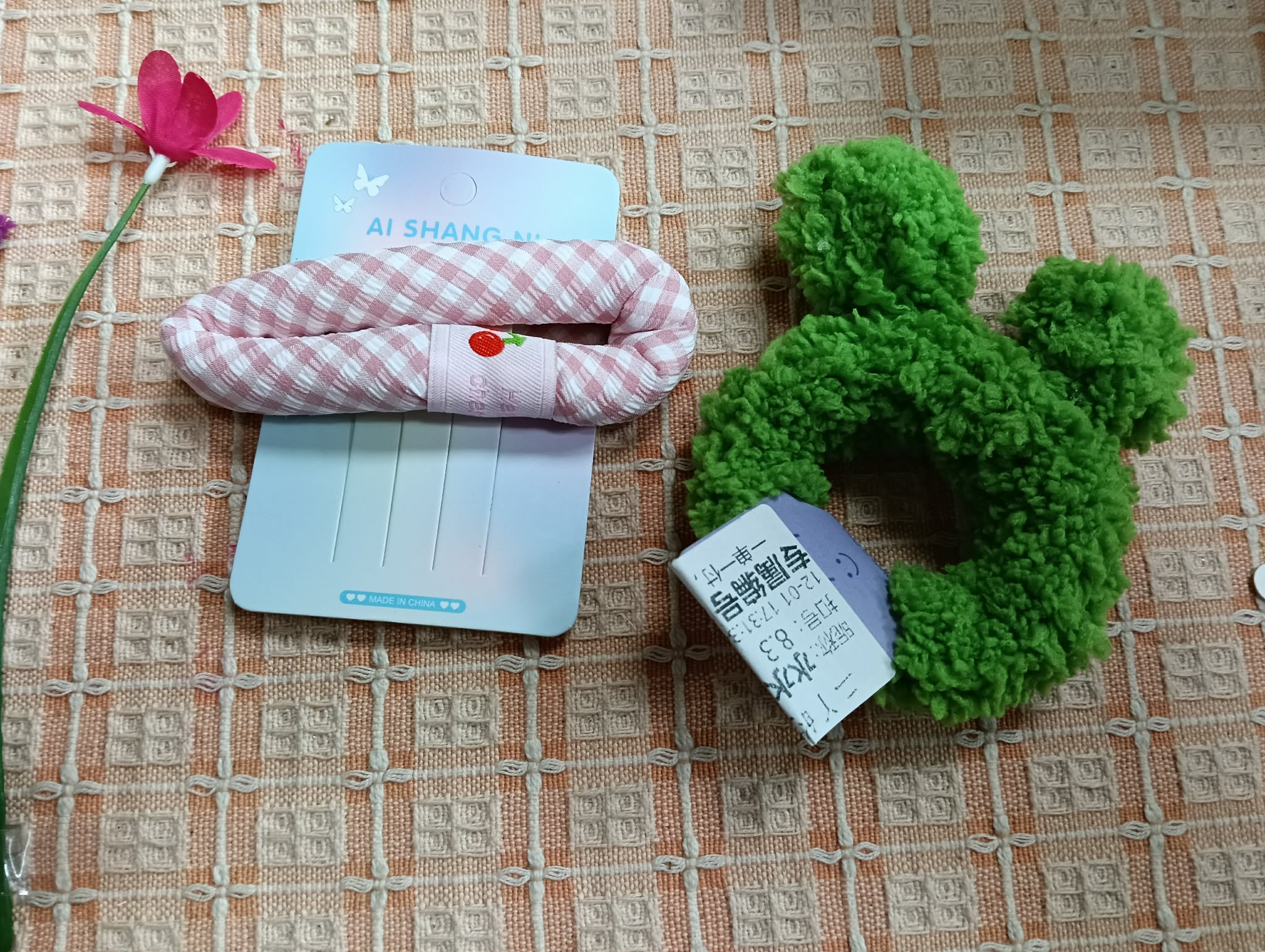 綠髮束+粉格髮夾組